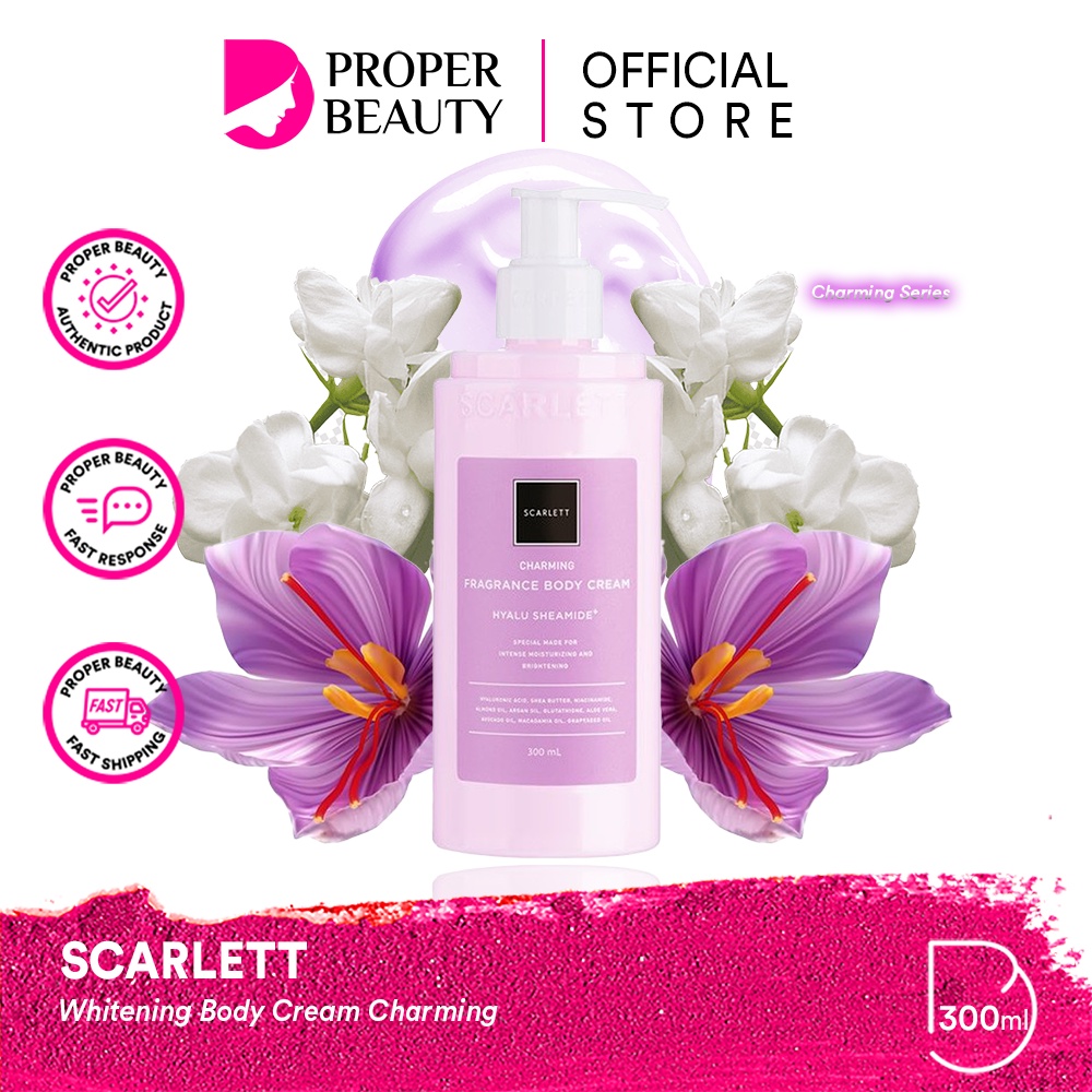 SCARLETT Whitening Fragrance Body Cream Charming Indonesia / 300ml / Hyalu Sheamide / Special Made For Intense Moisturizing And Brightening / Body Care / Perawatan Kulit Tubuh / Moisturizer Pelembab Parfum / Serum Lotion / Skincare Series Package Paket