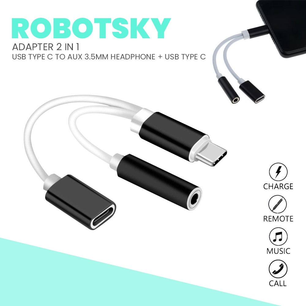 Kabel - Robotsky Adapter 2 in 1 USB Type C to AUX 3.5mm Headphone + USB Type C