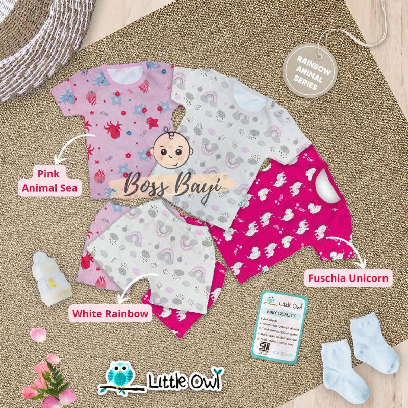 LITTLE OWL Setelan Oblong Pendek Kancing Pundak 3-6M, 6-12M, 12-18M, 18-24M Motif Girl
