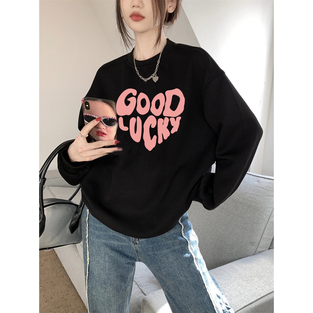 EUNII Sweater Lengan Panjang Pink Lucky English Korean Style/Sweater Crop/Baju Wanita/Switer Wanita