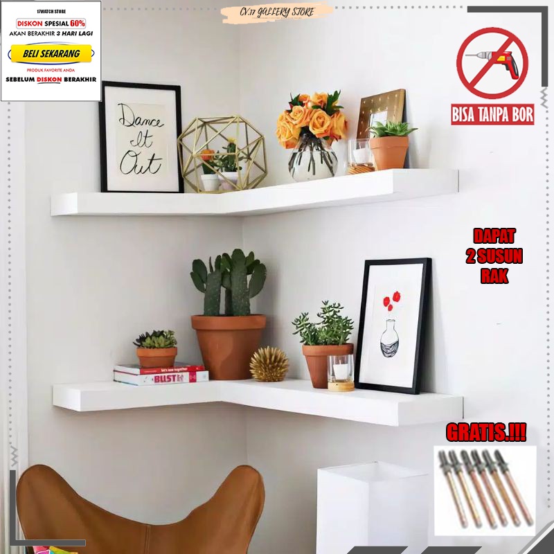 Rak Papan Ambalan Hambalan Hiasan Floating Shelves Melayang Siku Sudut Gantung L Layang  Tempat penyimpanan Buku Bunga make up Makeup Bumbu Dapur Dekorasi Dinding Dingding Tempel Ruang Tamu Kamar Tidur Kayu Susun Serbaguna Minimalis Putih Tanpa Bor Murah