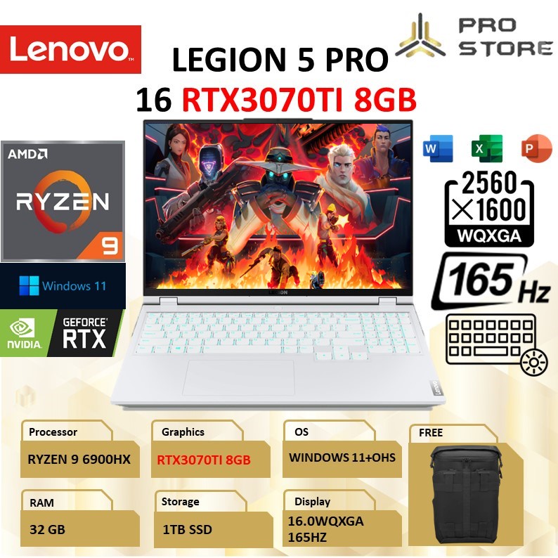 LAPTOP GAMING LENOVO LEGION 5 PRO 16 RTX3070TI 8GB WQXGA 165HZ RYZEN 9 6900HX RAM 32GB 1TB SSD W11