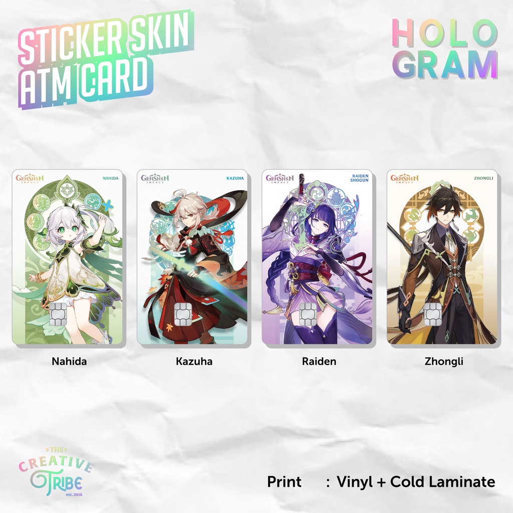 

Genshin Impact - Sticker Skin Card HOLOGRAM - Vinyl ATM Etoll Stiker nahida kazuha raiden zhongli ayato diluc childe albedo