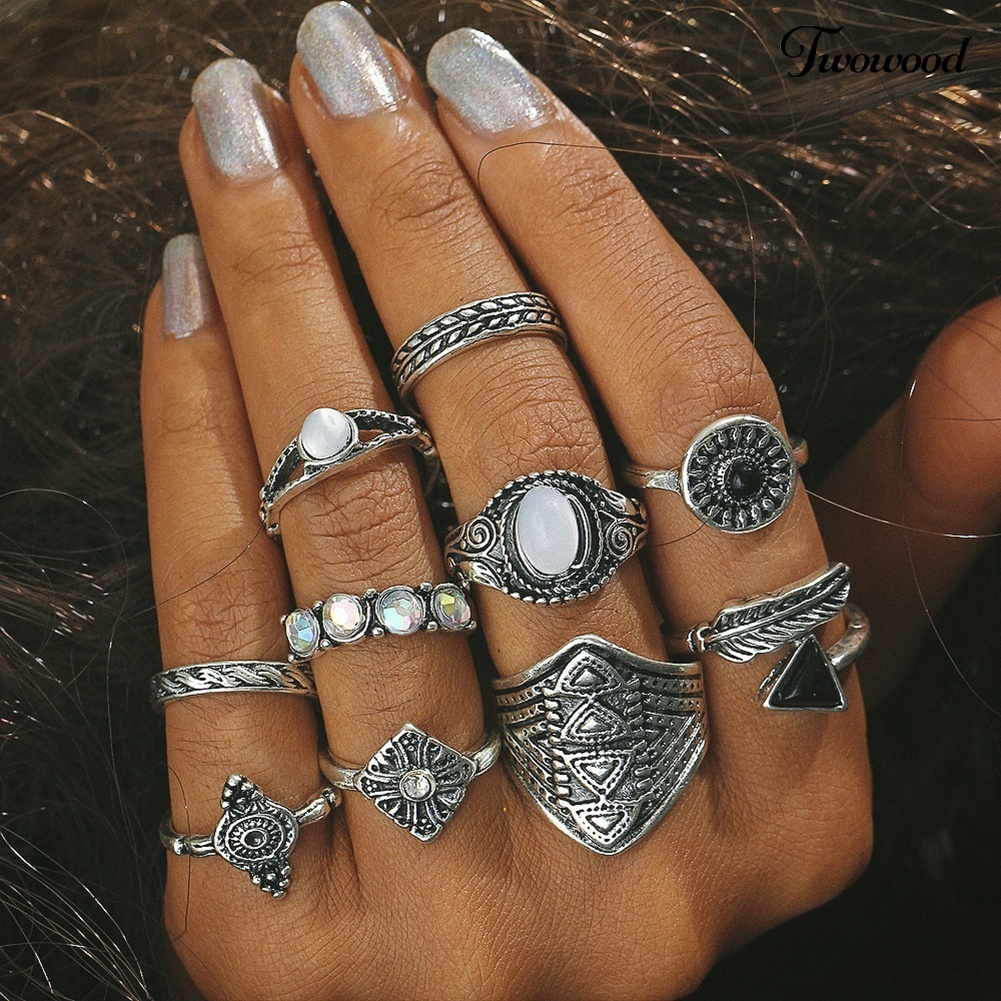 Twowood 10Pcs / Set Cincin Buku Jari Aneka Bentuk Gaya Boho Retro Untuk Wanita