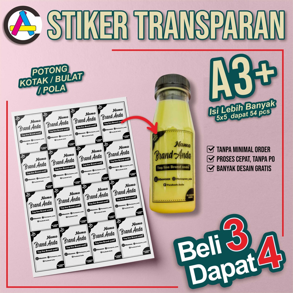 

(Beli 3 dapat 4) Stiker Transparan Custom A3 plus anti air / Stiker Minuman Botol Label / Stiker Minuman Botol / Stiker Minuman Cup / Stiker Kemasan Transparan Murah