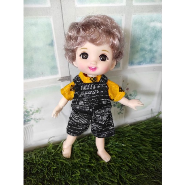 Baju boneka barbie baby yuna bjd mini doll 16cm handmade overall kain