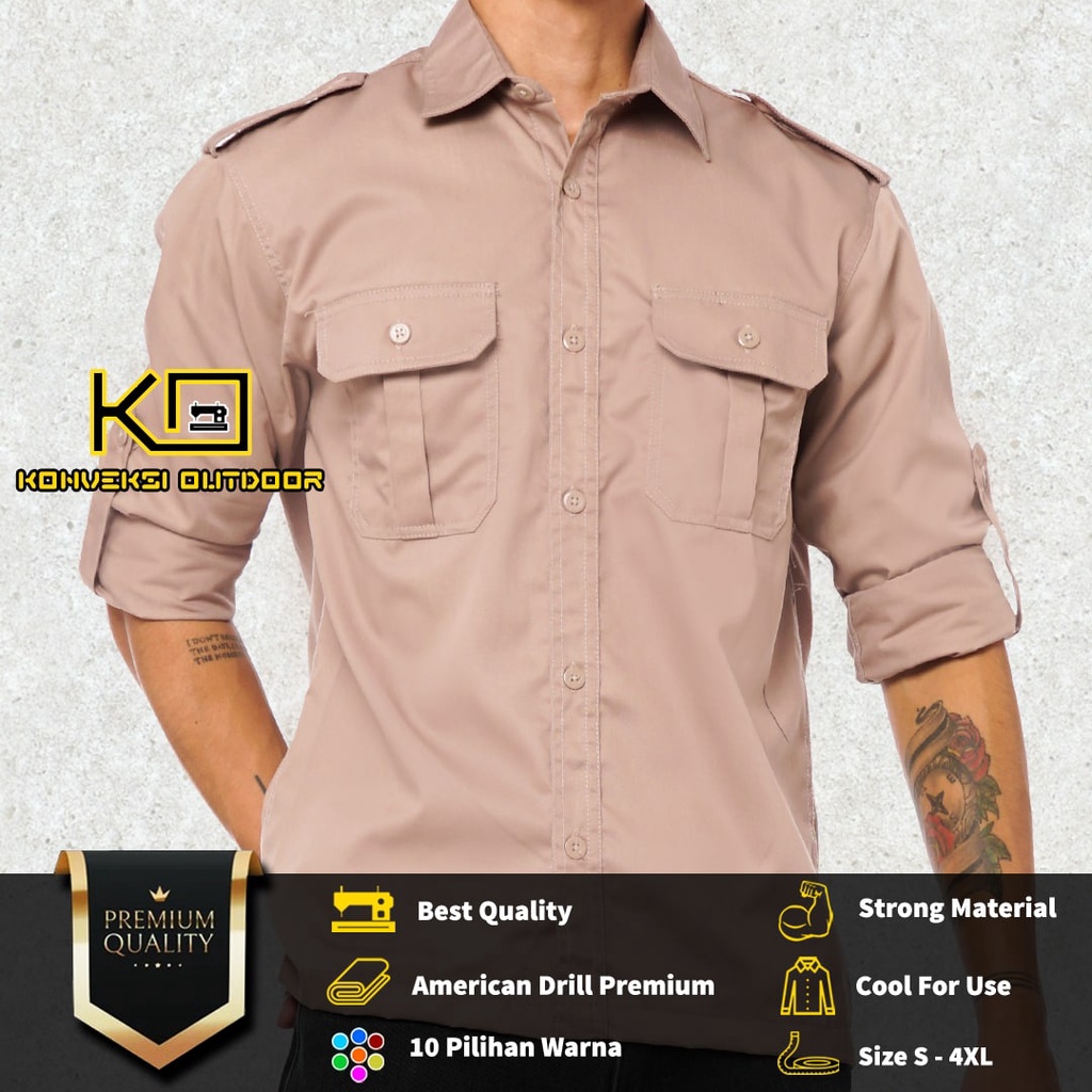 BAJU KEMEJA PDL LAPANGAN OUTDOOR INDOOR PRIA LENGAN PANJANG - Seragam Kerja Kantor Group Kemeja Lapangan Outdoor Gunung Taktikal Comunitas Kemeja Dinas PDH PNS Cargo Safari Paspampres Security Satpam Tactical Americand Drill American America - Warna Khaki