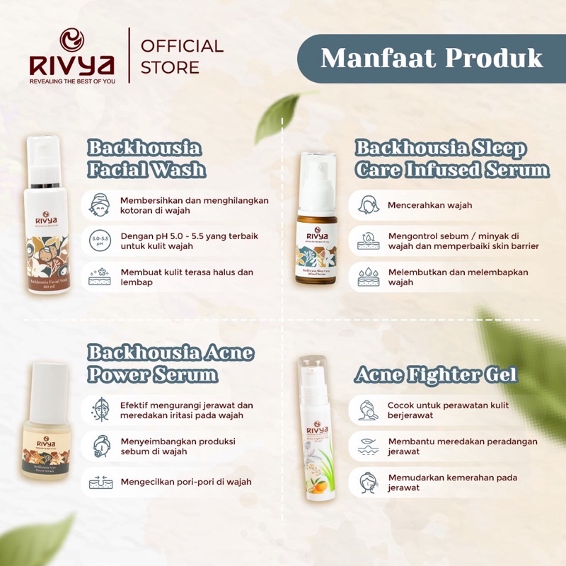 RIVYA Backhousia Acne Power Serum | Sleep Care Infused Serum | Acne Fighter Gel | Facial Wash | Skandy B! 40g Untuk Jerawat Busui Bumil Super Rich Moisturizer Brightening Control Sebum Viral BPOM