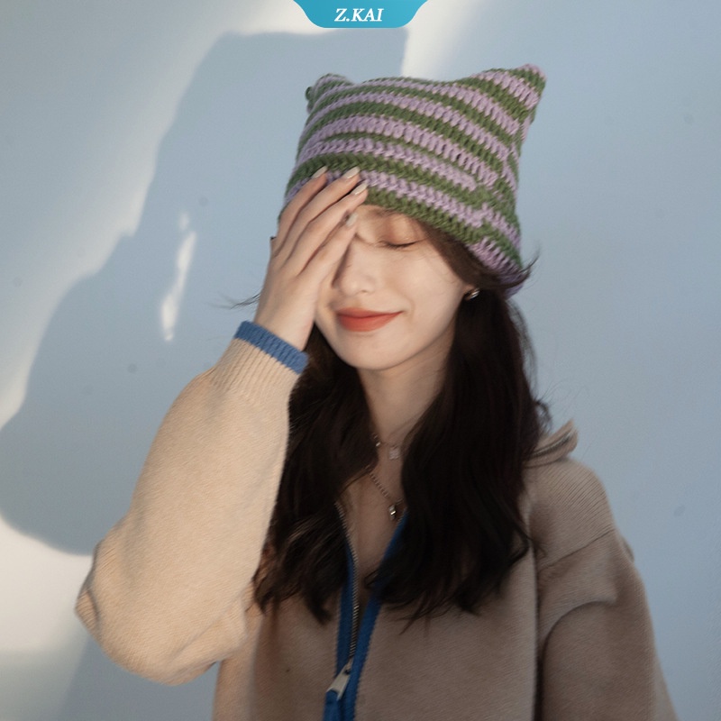 Topi Beanies Rajut Motif Garis Aksen Telinga Kucing Bahan Wol Gaya Harajuku hip-hop Untuk Wanita