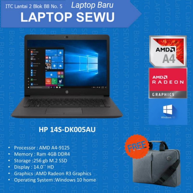 hp 14s DK0005AU amd a4-9125 4gb sdd 256 GB WIN 10 baru