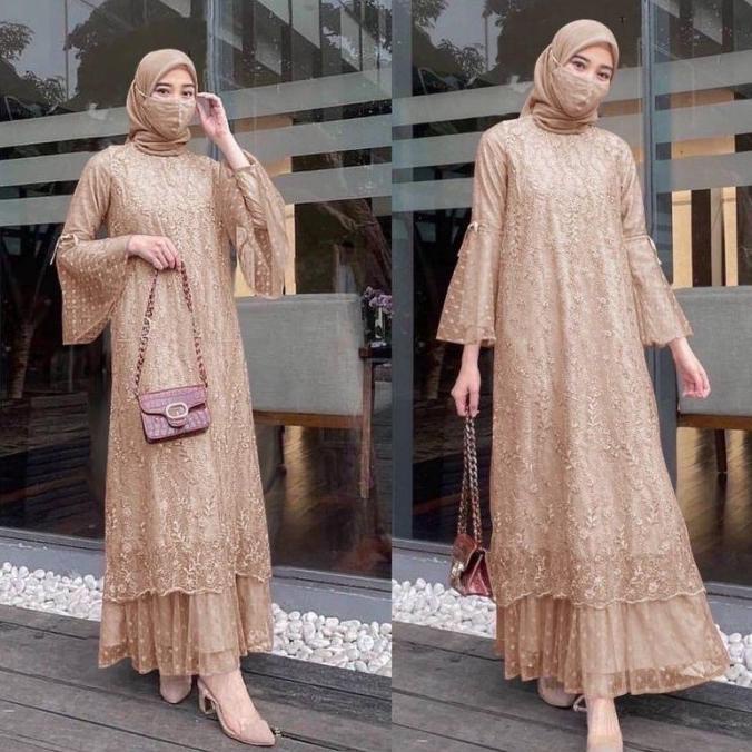 MAXI GELA FULL BRUKAT TILE MUTIARA LENGAN TEROMPET/FASHION MUSLIMAH