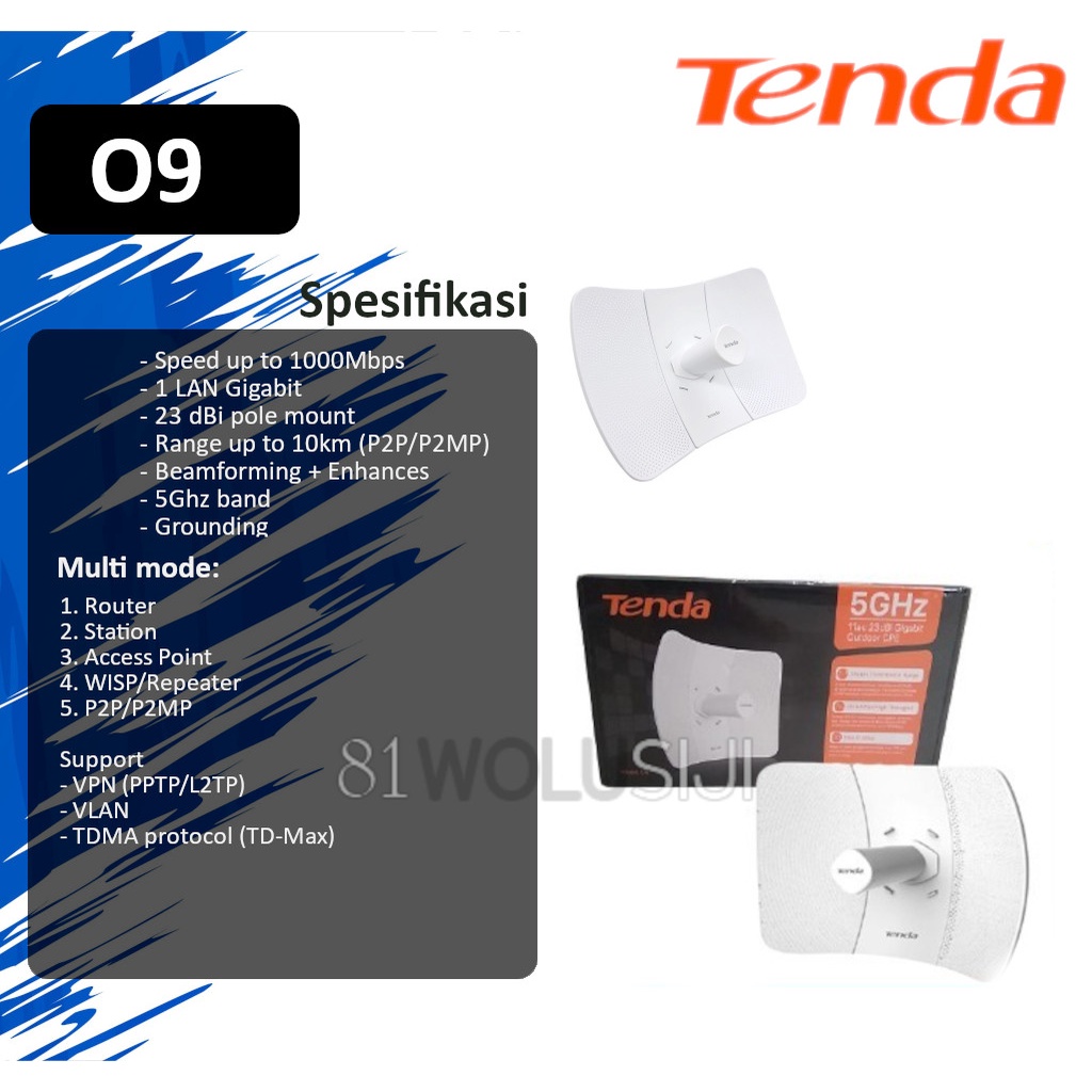 Tenda O9 Router 5Ghz 11AC 23dbi Gigabit Wireless Outdoor AP/P2P/P2MP CPE