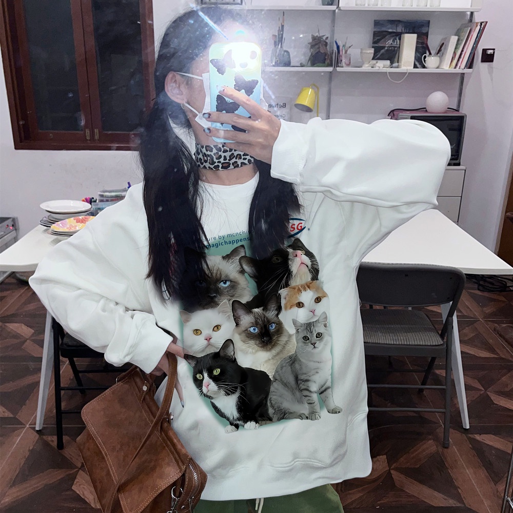 EUNII Sweater Lengan Panjang Cute Cat Korean Style/Hoodie Oversize/Baju Wanita/Switer Wanita