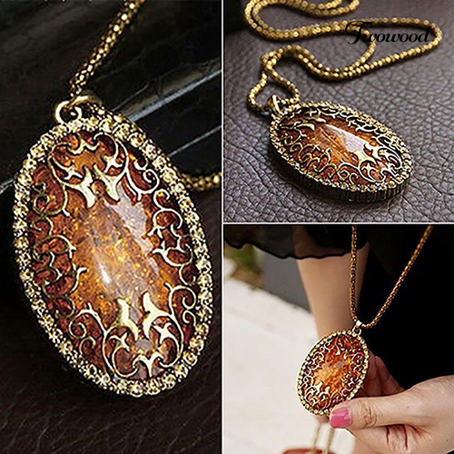 Kalung Rantai Panjang Dengan Liontin Amber Hollow Gaya Vintage Untuk Wanita