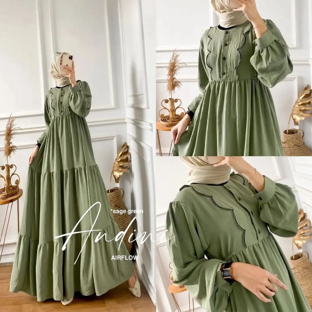 Andini Dress Baju Dress Kondangan Remaja Bahan Crinkle Airflow Gamis Polos Elegan Mewah Jatuh Adem G