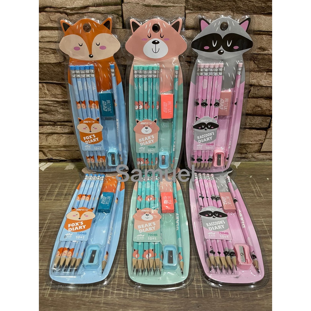 pensil / pensil serut motif set 11pcs bonus rautan penghapus