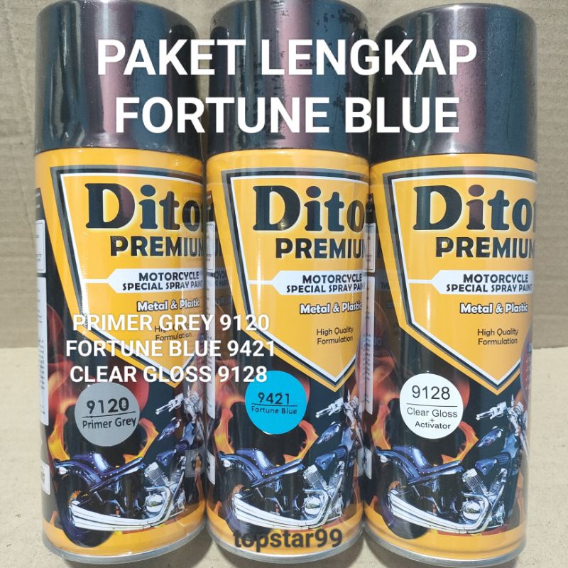 Pilok Cat Diton Premium Paket Lengkap 3 Kaleng Fortune Blue 9421 Biru muda Primer Grey 9120 Clear Gloss 9128 400cc Pilok Paketan Cat Semprot Special Spray Paint