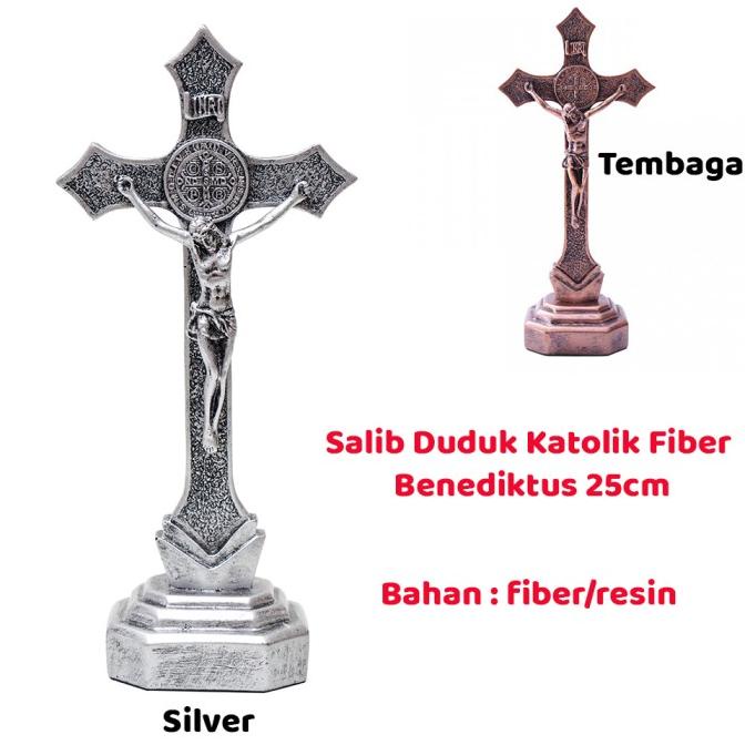 Salib Duduk Katolik Fiber Benediktus Tembaga 25cm-Salib Katolik
