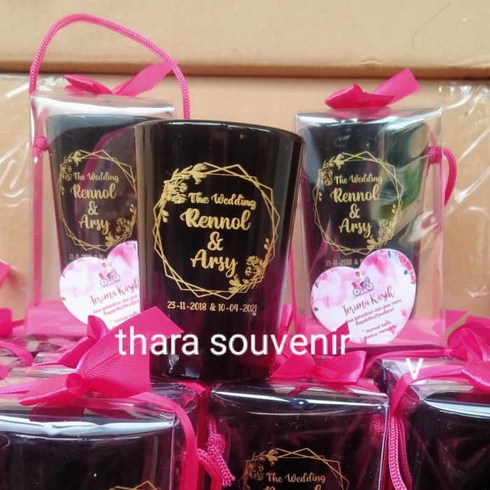 souvenir pernikahan murah gelas jamu dof hitam sablon custom