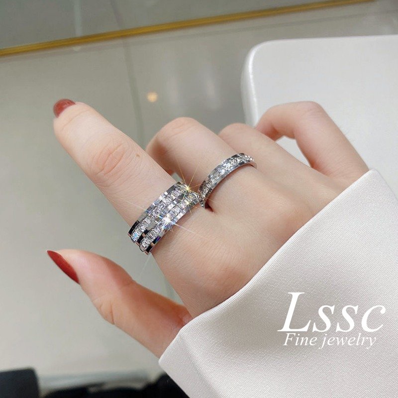 Cincin Titanium Wanita/ Pria Berlian Mewah Emas 18K Anti Karat Perhiasan Korea Aksesoris Pasangan