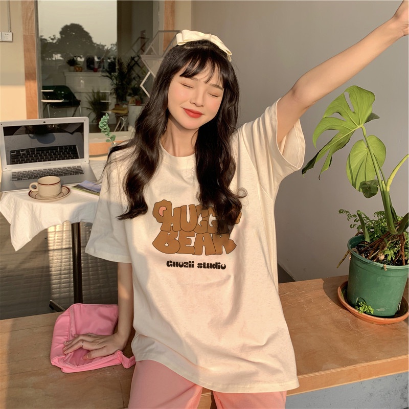 EUNII T-shirt Lengan Pendek Cute Bear Ears Korean Style/Kaos Atasan Wanita/Baju Kaus Oversize Wanita/Kaos Wanita