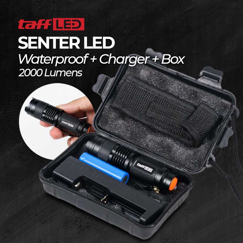 Senter LED Cree Q5 2000 Lumens Waterproof with Charger Baterai + Box - OMFL4GBK Black