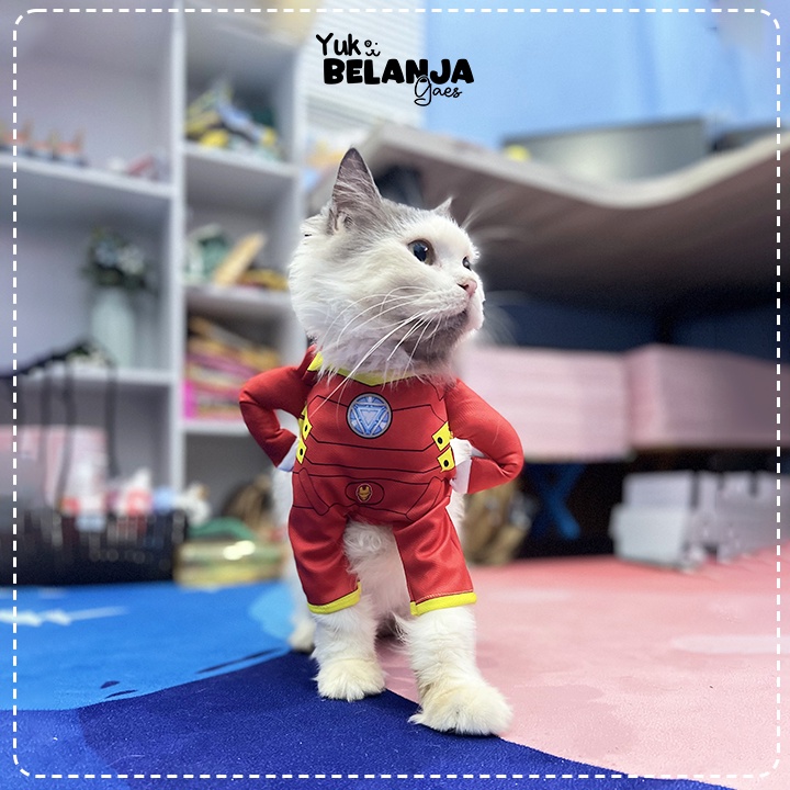 Baju Kucing Bahan Polyester Kostum Superhero Ironman Vs Kapten Amerika Terlucu Baju Kucing anjing kelinci Lucu murah Size S-XL / Yuk Belanja Gaes!