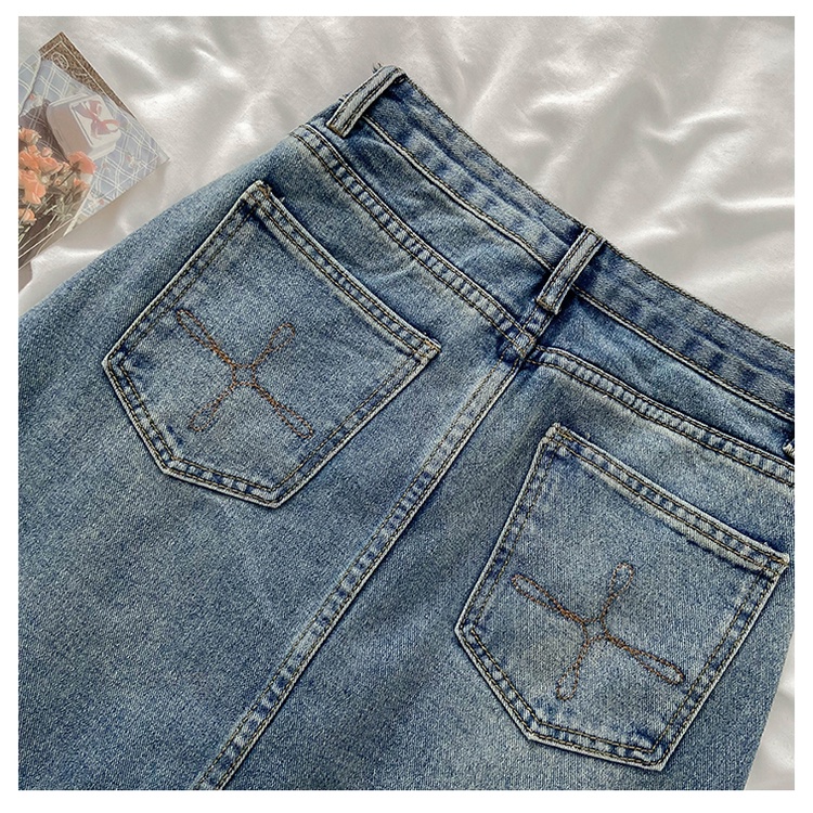 Korean High Waist Rok Jeans  A-Line Depan Split Jeans Kekinian