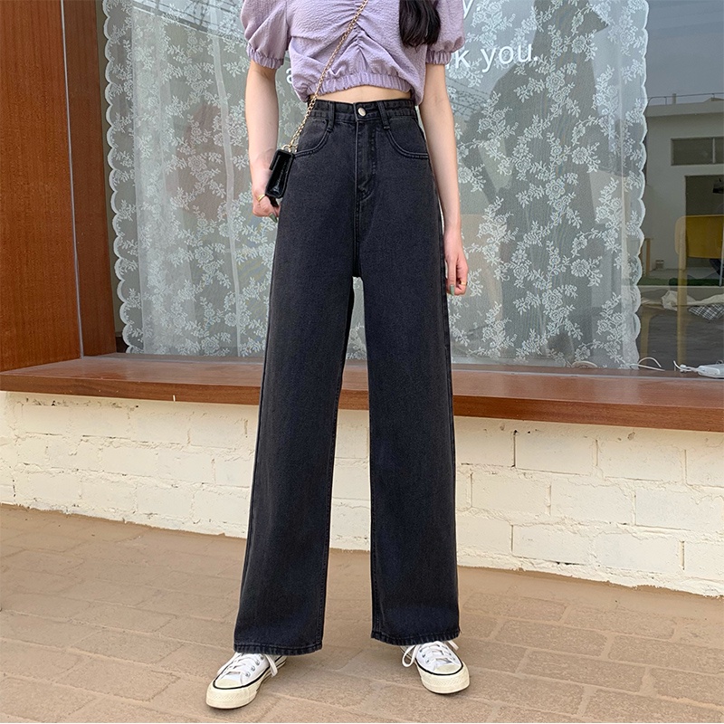 Kelabu hitam / Biru muda Celana Kulot Jeans Highwaist Loose Jeans Wanita Hot Sale 【THE GOOD SISTERS】