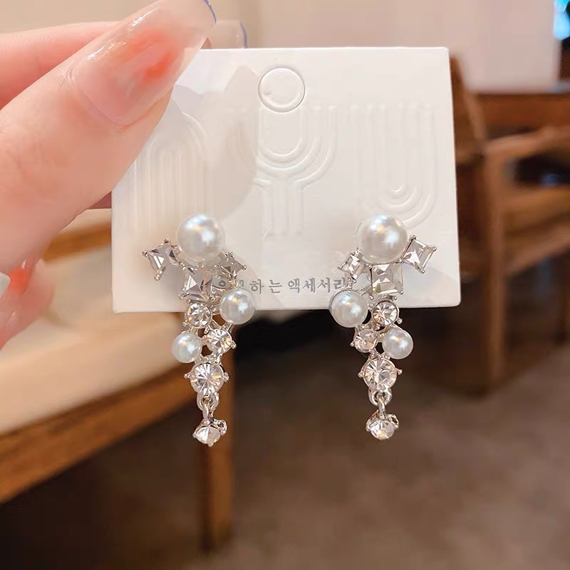 Anting Tusuk Gantung Bahan Sterling Silver 925 Desain Geometri + Mutiara + Berlian Gaya Trendy Untuk Wanita