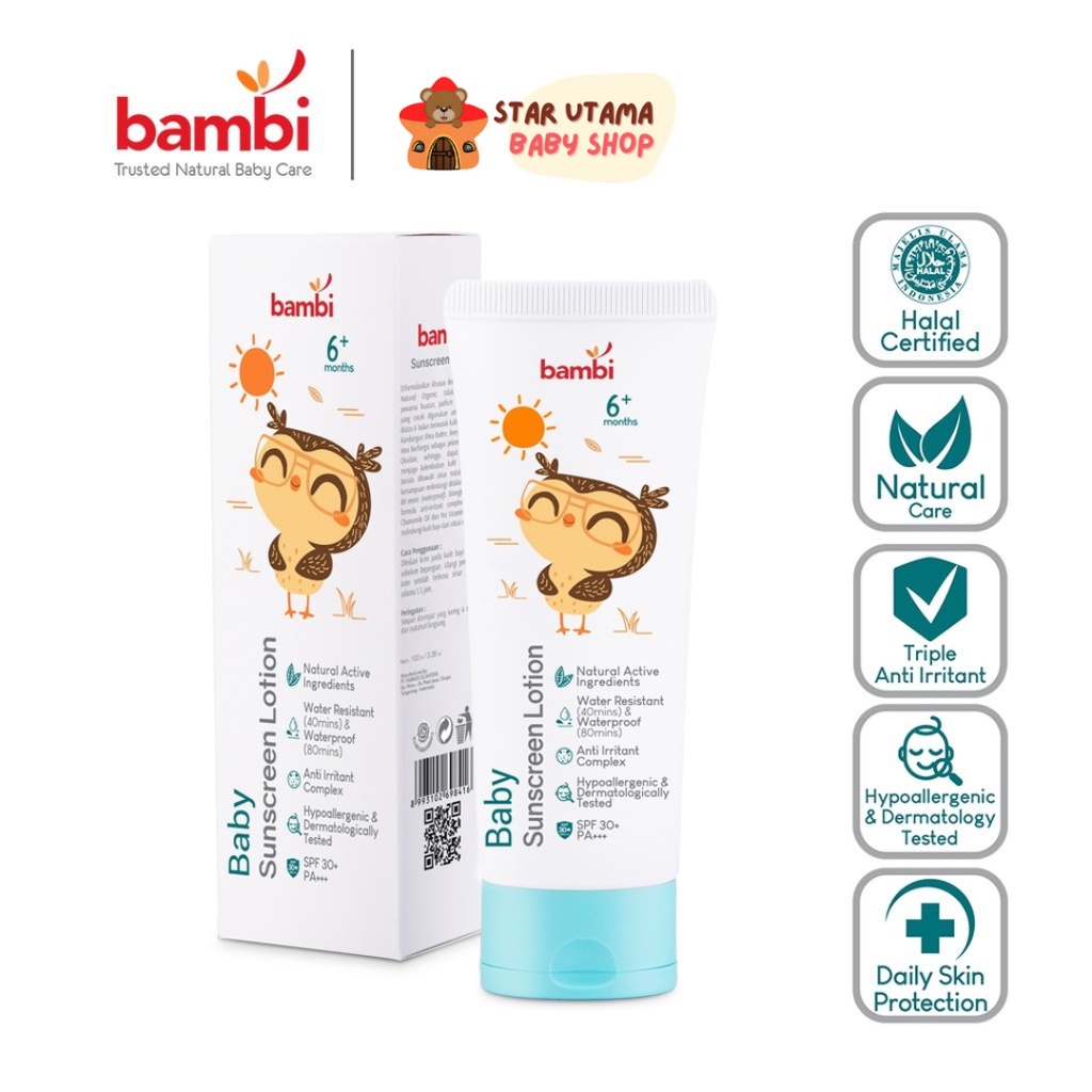 Bambi Baby Sunscreen Lotion 100ml | Lotion Sunscreen Bayi Anak Kulit Normal - Sensitif | SPF 30++ | Sunscreen Bayi Waterproof