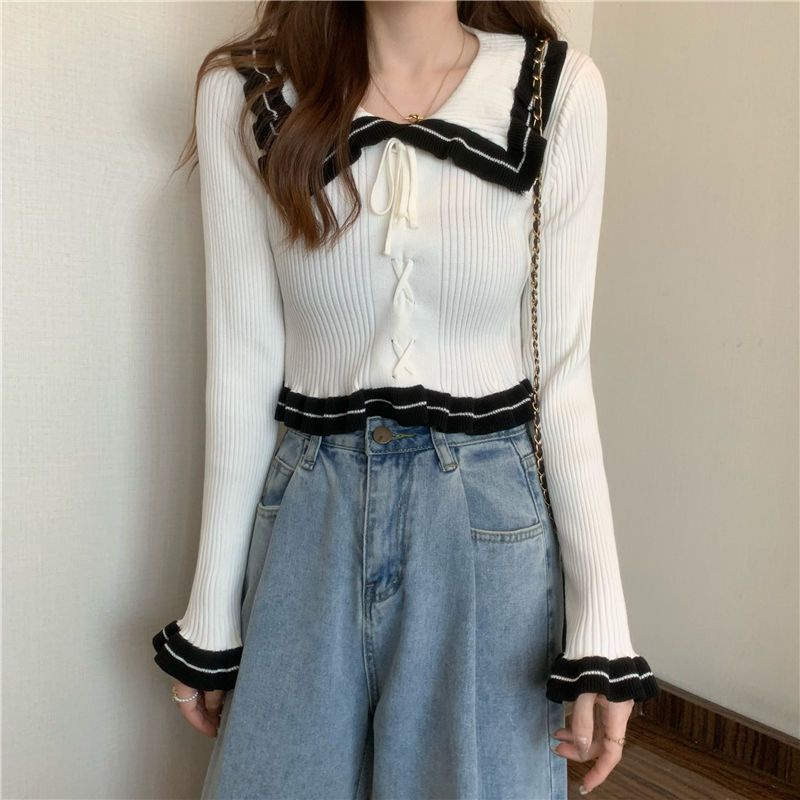 YIU YIU Rajut - Sweater Rajut Import Korea Atasan Casual Lengan Panjang Rajut Kantor Crop Top Long Sleeve