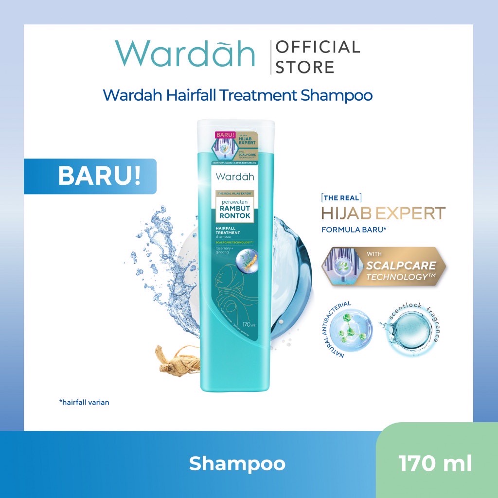 WARDAH Hairfall Treatment Shampoo Indonesia / Rambut 170ml / The Real Hijab Expert / Scalpcare Technology / Rosemary + Ginseng / Kulit Kepala Nutrisi Rontok Patah Bersih / Skincare Hair Care Conditioner Kondisioner / Anti Dandruff Daily Fresh Nutri Shine