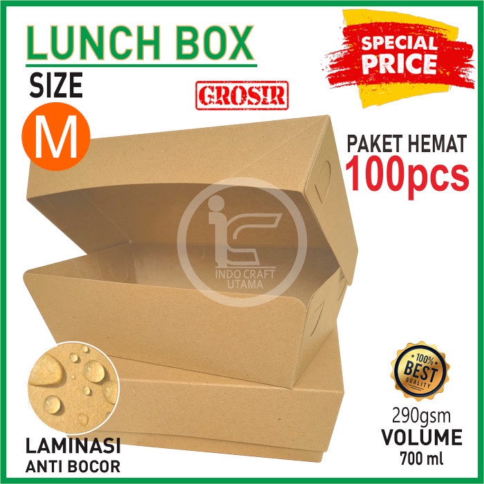 Bento Kotak Makan Kertas Paper Lunch Box Makanan Kraft Grosir Size M 100Pcs
