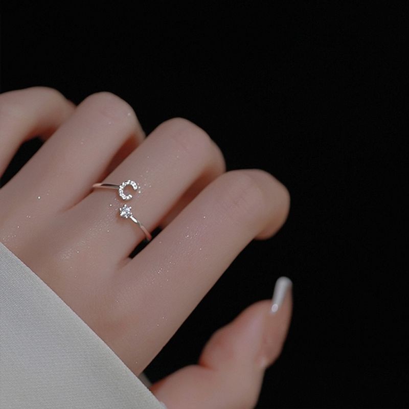 Korea Sederhana Surat Liar Berlian 26huruf Inggris Terbuka Adjustable Cincin Halo Perhiasan Gadis-4