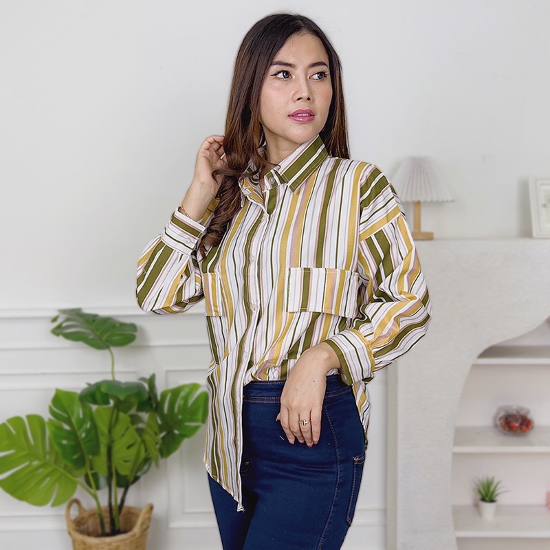 Tq88indonesia Fashion Baju Kemeja Salur Wanita Terbaru / Carissa Oversize Stripe Shirt / Hem / Kem Lengan Panjang / Busana Casual Cewek / Ootd Kasual