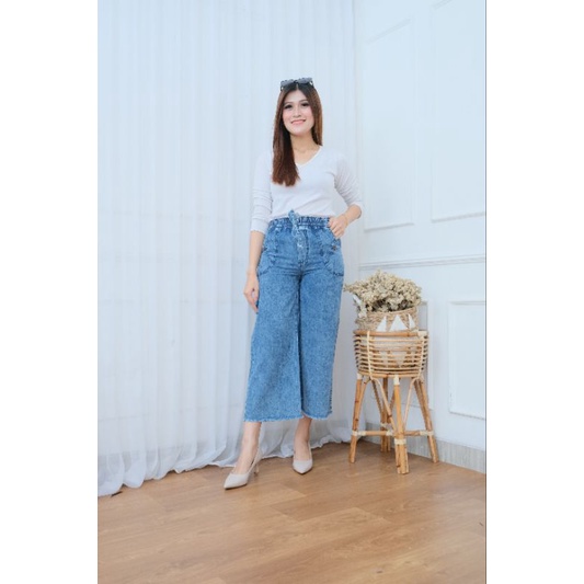 HIGHWAIST CELANA KULOT WANITA JEANS RAWIS SNOW