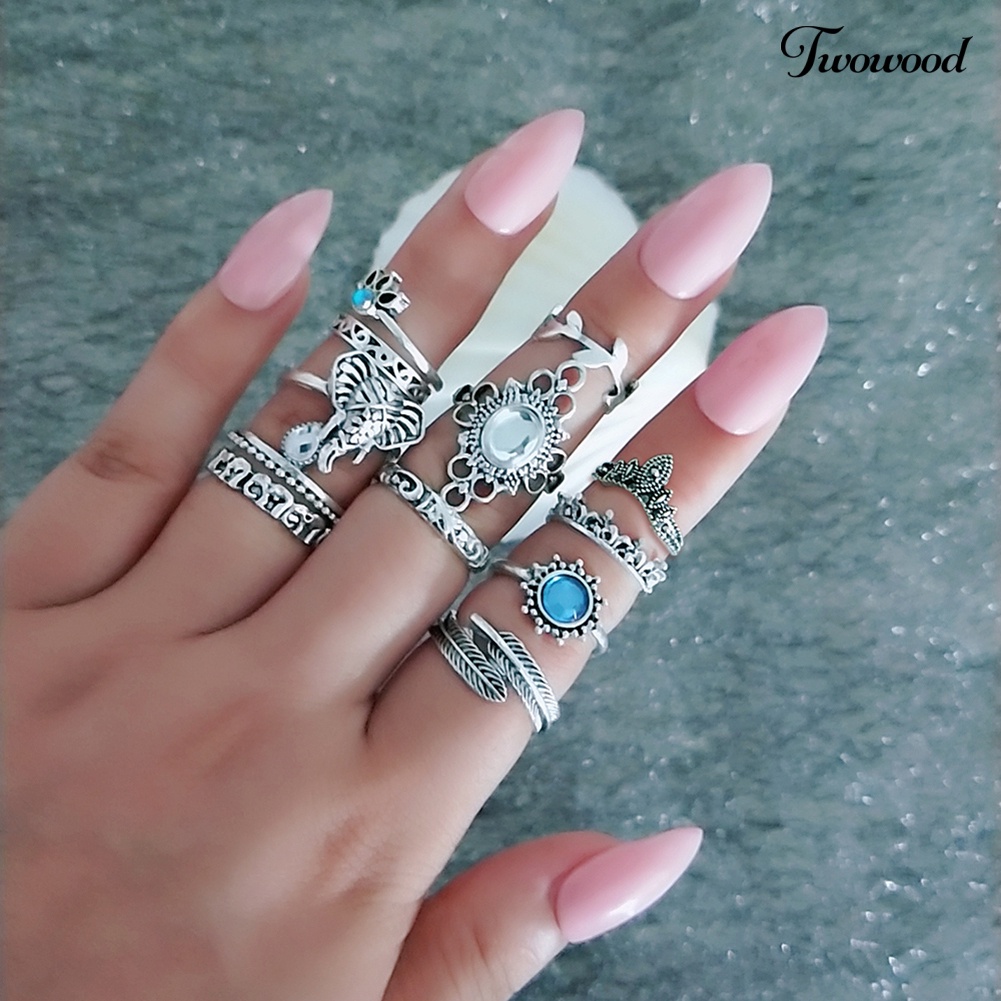 12 Pcs Perhiasan Cincin Knuckle Stacking Aksen Batu Permata Berlian Imitasi Gaya Vintage Boho Untuk Wanita