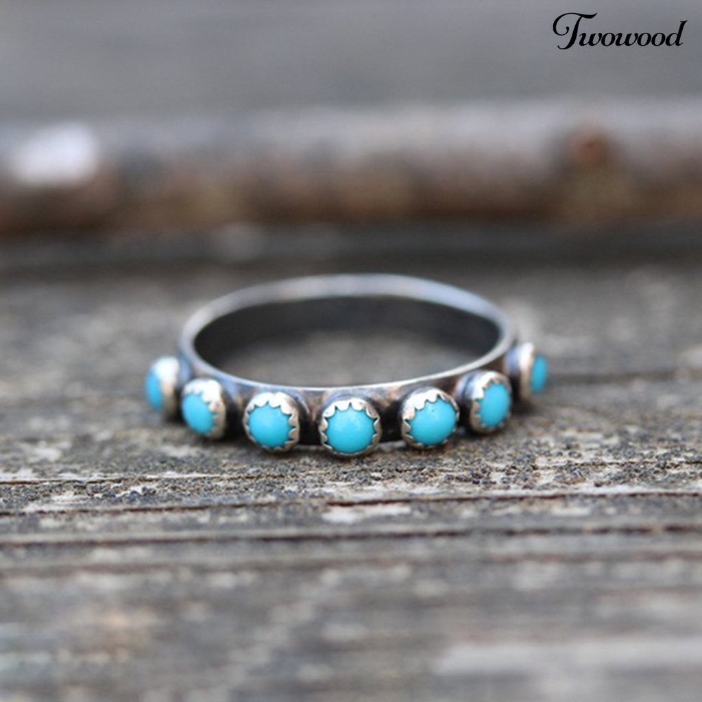 Cincin Manik-Manik Bulat Kecil Turquoise Gaya Retro Etnik Untuk Wanita