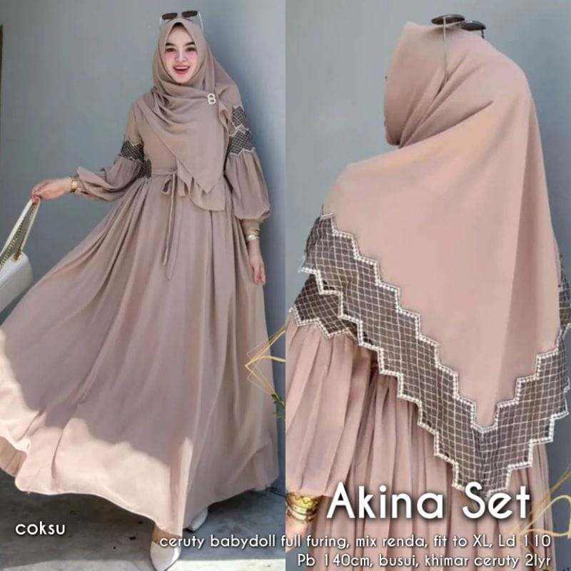 Akina Syari Gamis Set Khimar Busana Muslim Wanita Terbaru Baju Kondangan Wanita Kekinian Setelan Wanita Jumbo Ceruty Babydoll