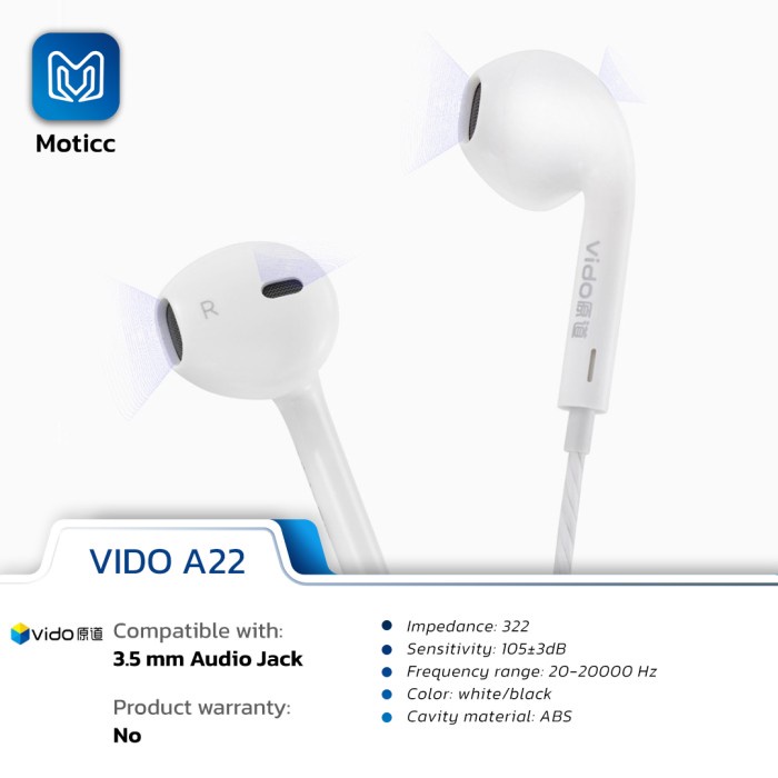 VIDO A22 Original Earbud HIFI for Music Earphone Headset Upgrade Cable