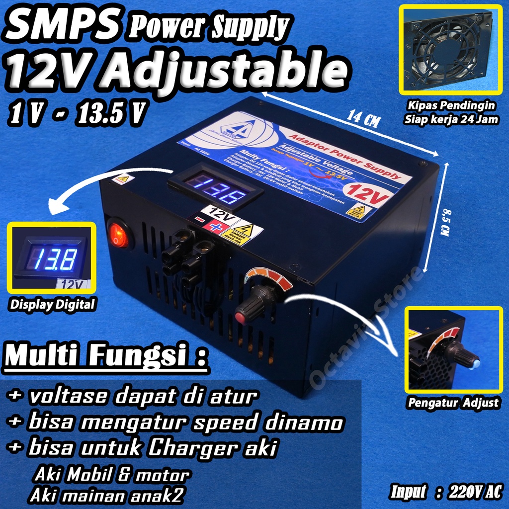 SMPS Power Supply 12V Adjustable dengan di lengkapi Display Digital