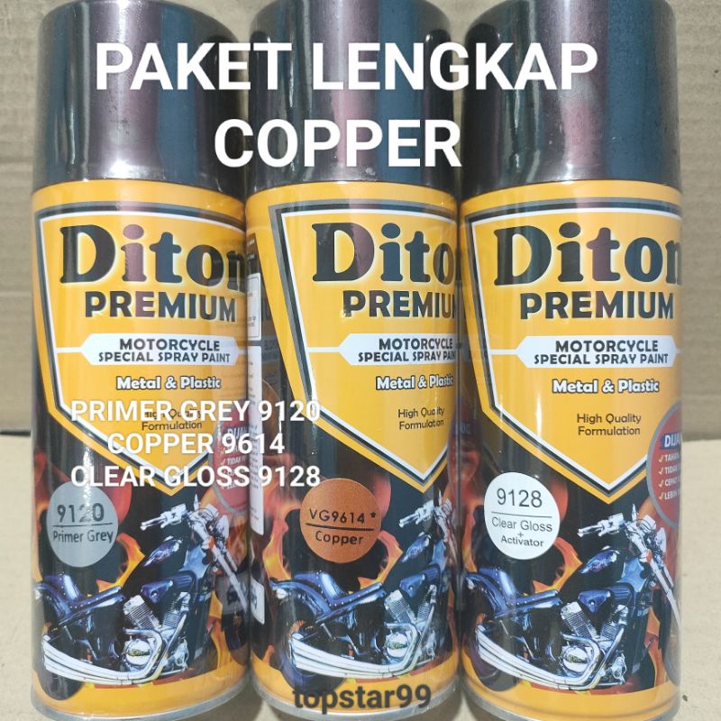 Pilok Cat Diton Premium Paket Lengkap 3 Kaleng Copper 9614 Tembaga Primer Grey 9120 Clear Gloss 9128 400cc Pilok Paketan Cat Semprot Special Spray Paint