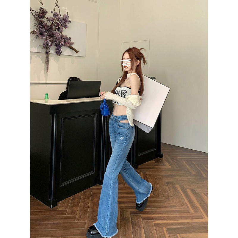 Suhao blue raw edge hollow jeans women s autumn slim slim trousers high waist mopping micro flared pants ins tide