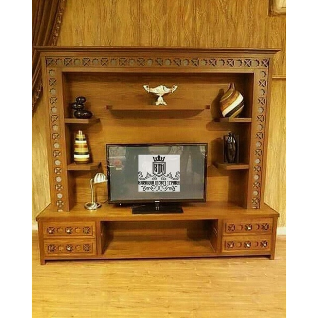 Backdrop tv jati bufet penyekat ruangan minimalis mewah