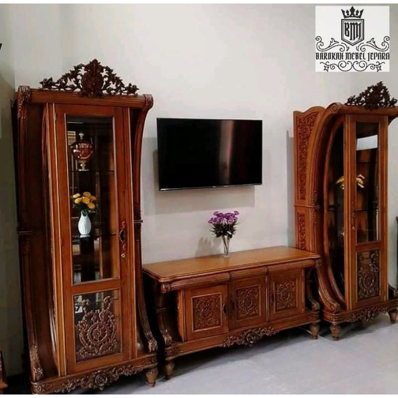 Real pict bufet tv mewah kayu jati ukir dan lemari pajangan