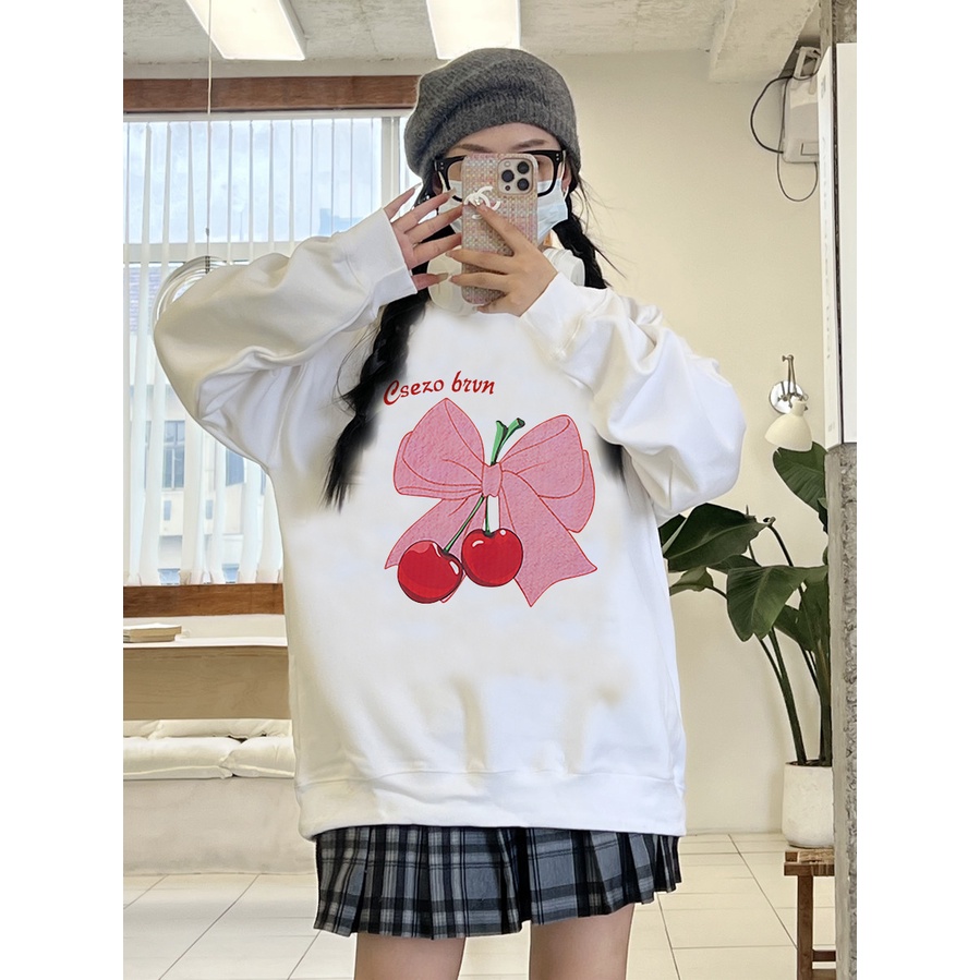 EUNII Sweater Lengan Panjang Cherry Bow Korean Style/Hoodie Oversize/Baju Wanita/Switer Wanita