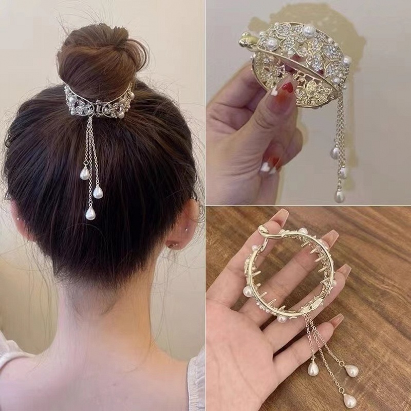 Rumbai Rambut Sanggul Fashion DIY Magic Rambut Sanggul Pembentuk Pernikahan Pengantin Elegan Gadis Wanita Korea Hiasan Kepala Berlian Imitasi Mutiara Bunga Rambut Klip Rambut Styling Alat Wanita Aksesoris Rambut