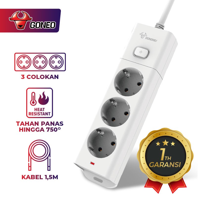 Stop Kontak Central On/Off Power Strip 3 Lubang GONEO G1030 Kabel - Kabel 1,5M