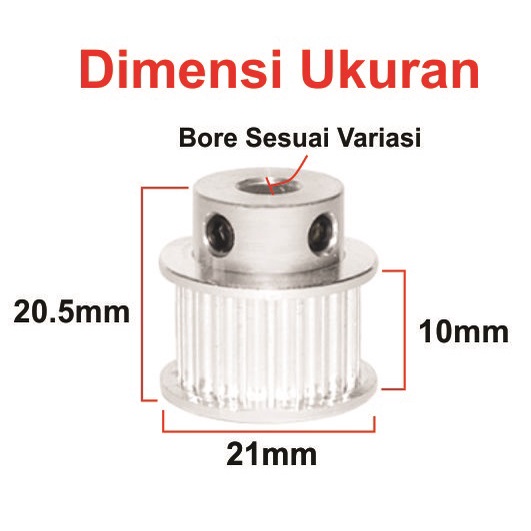 [HAEBOT] HTD3M Pulley Pully Timing CNC BF 20T W10 Bore 5 6 6.35 8 mm 3D Printer Lebar 10mm Puley Printer Aluminium Pitch 3mm Silver Bor